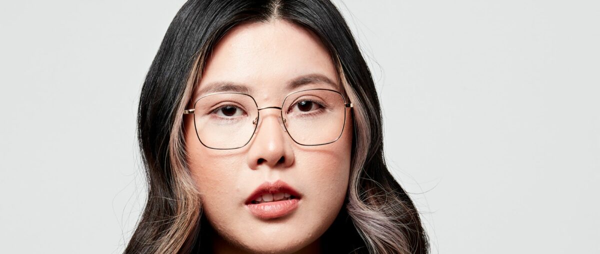 Woman with black hair modelling Banks eyewear range from Arlo Wolf