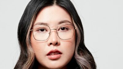 Woman with black hair modelling Banks eyewear range from Arlo Wolf